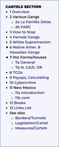 CARTELS SECTION •	1 Overview  •	2 Various Gangs o	2a La Familia-Zetas o	2b FARC       •	3 How to Stop    •	4 Female Gangs •	5 White Supremacism •	6 Native Amer. & Hawaiian Gangs •	7 Pot Farms/houses o	7a General o	7b N. CA/S. OR  •	8 TCOs •	9 Psyops, Calculating •	10 Cybercrime •	11 New Mexico o	11a Introduction o	11b cont •	12 Books        •	13 Links List  •	See also  o	Borders/Tunnels o	Legislation/Cartel o	Measures/Cartels